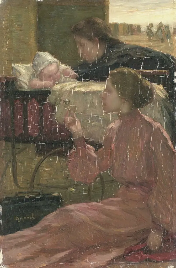 With the baby buggy at the beach, by Marinus van der Maarel, oil, 1900