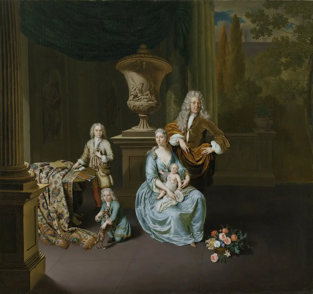 Portrait of Diederik, Baron van Leyden van Vlaardingen with his Wife and three Sons, by Willem van Mieris, oil, 1728