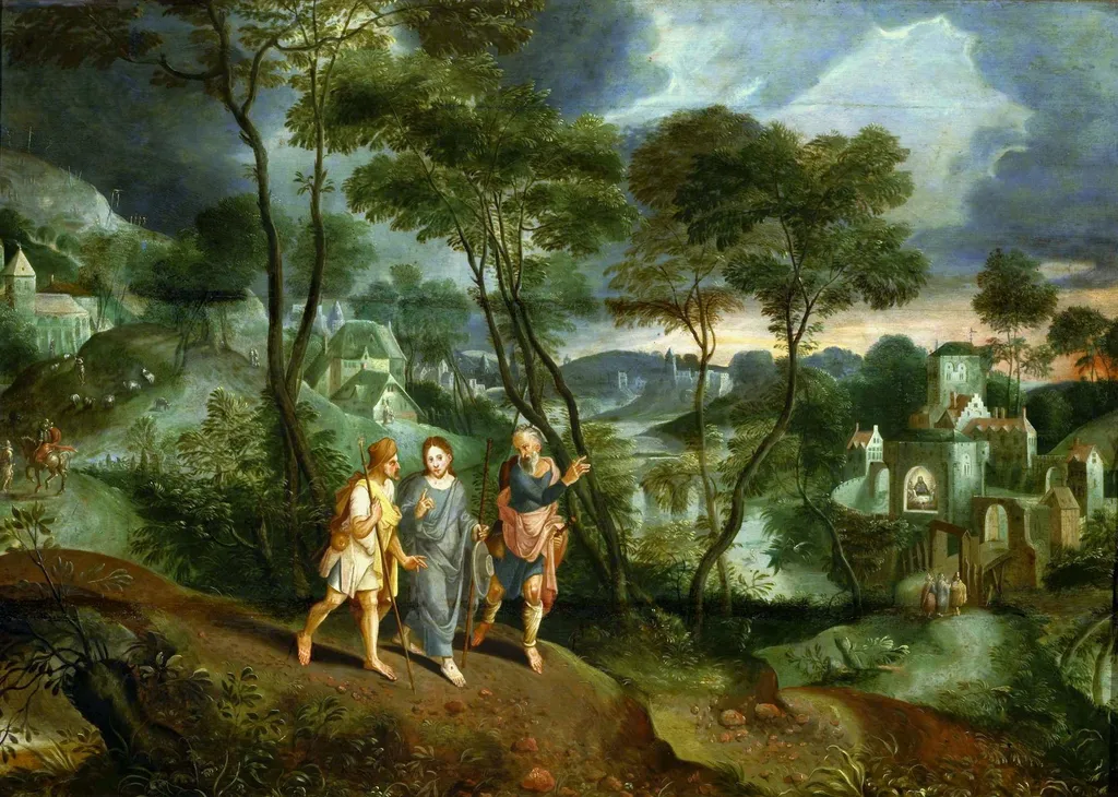 Christ with disciples on the way to Emmaus, by Master of the Prodigal Son, oil, 1570