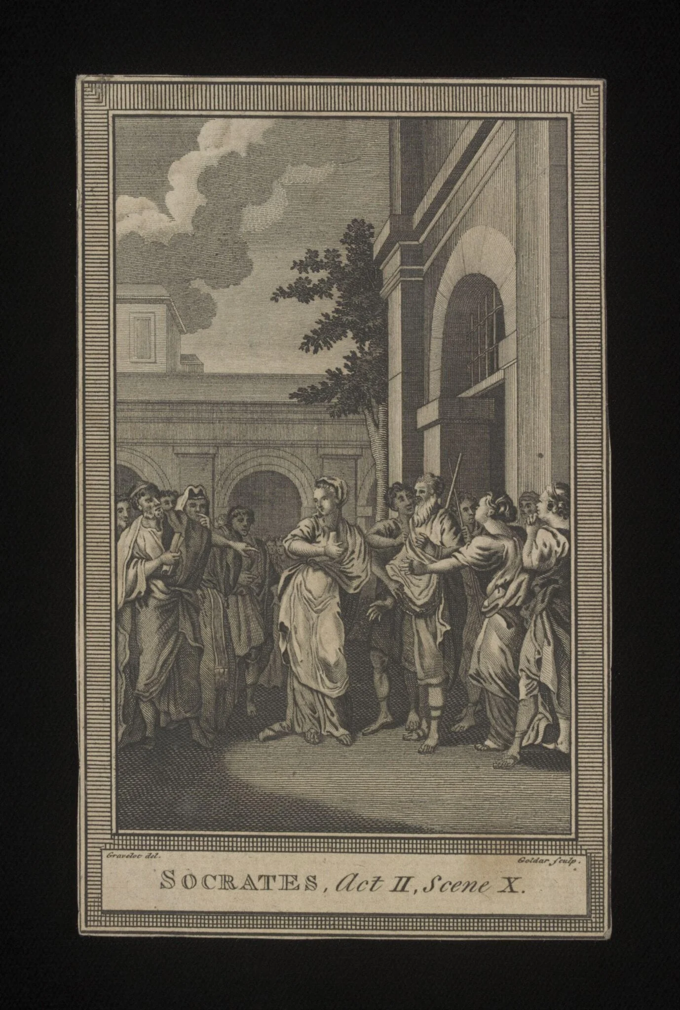 Print depicting Act II, Scene 10 of <i>Socrates,</i>, detail
