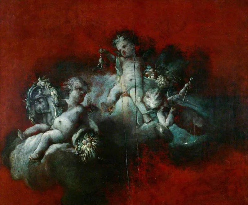 Three Cupids with Signs of the Zodiac: Scorpio, Sagittarius, Libra, detail