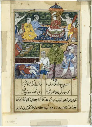 The young prince is crowned and the wicked handmaiden is executed, from a Tuti-nama (Tales of a Parrot): Eighth Night, by Suraju, unspecified, 1560