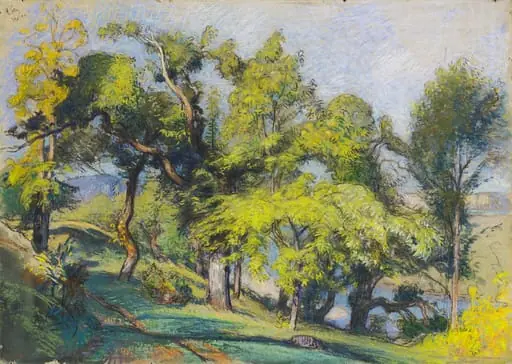 Chestnut Trees above a River, by Auguste Lepère, gouache, 1900