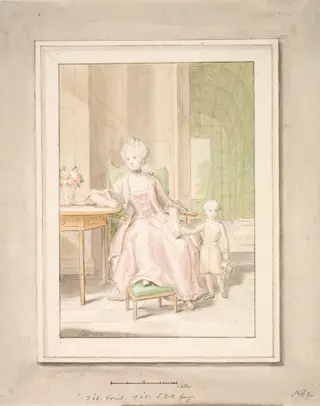 Queen Caroline Mathilde of Denmark with crown prince Frederik. Second sketch., by Peder Als, watercolor, 1771