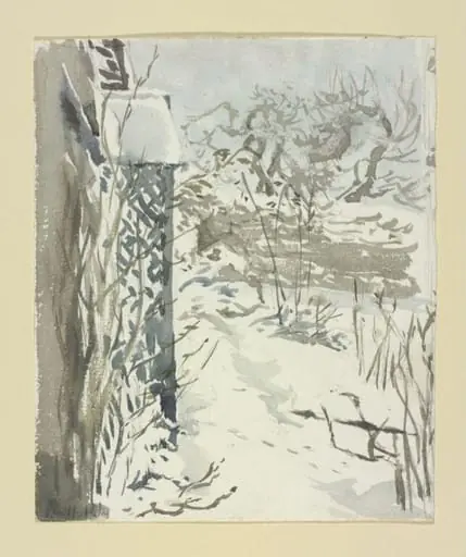 The former porch of Castle Cottage in snow, by Beatrix Potter, watercolor, 6
