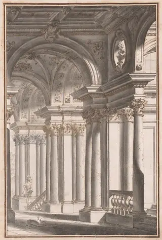 Architectural Capriccio with a Soldier and Dog, by Vittorio Maria Bigari, ink, 1701