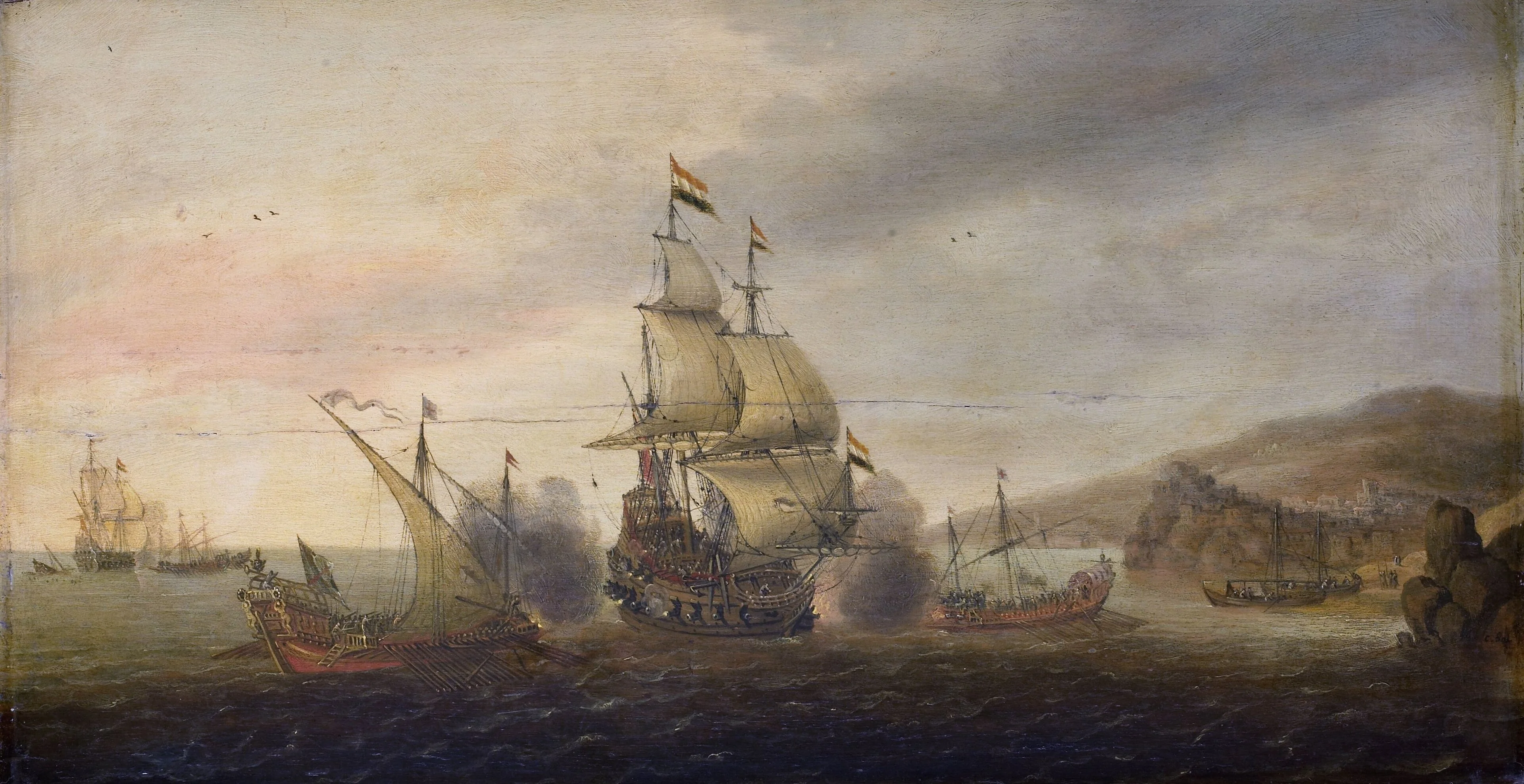 Naval battle between Dutch men-of-war and Spanish galleys, detail