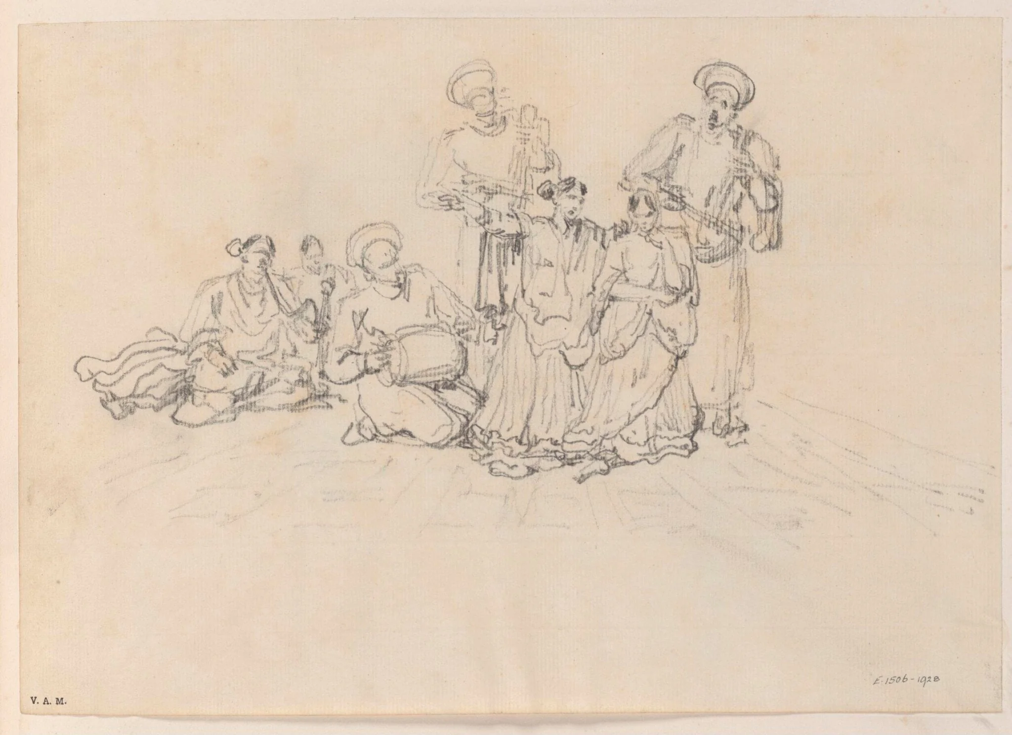 A group of Indian musicians and dancers, detail