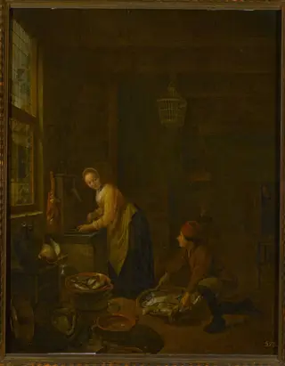 In the kitchen, by Hendrik Martenszoon Sorgh, oil, 1643
