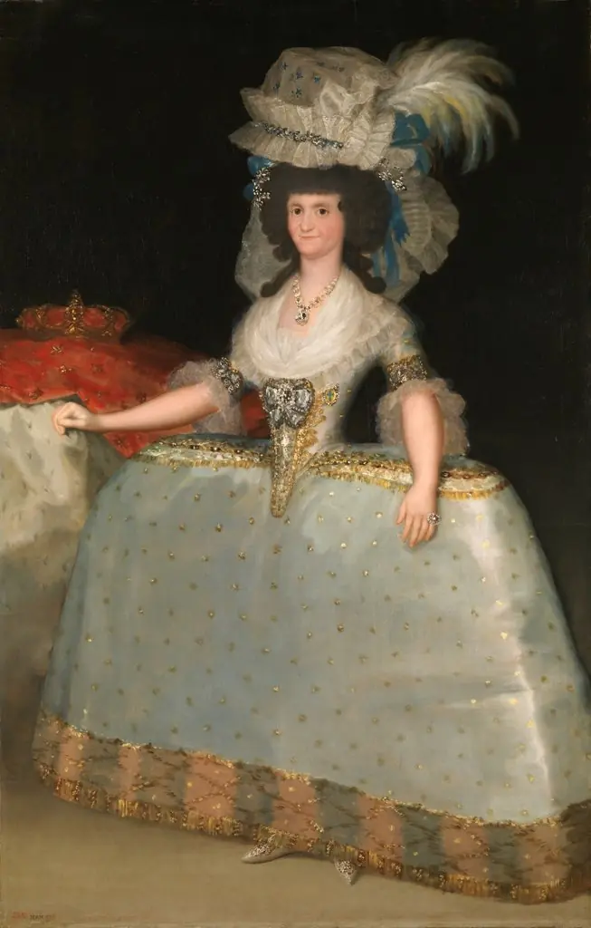 Queen María Luisa in a Dress with hooped Skirt, by Francisco Goya, oil, 1795
