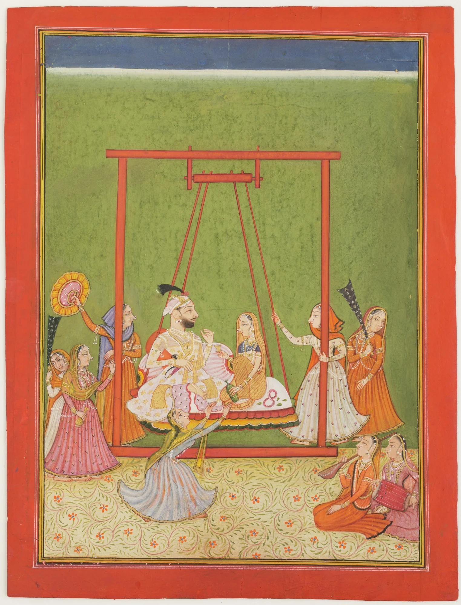 Raja and Rani on Swing with Female Attendants, detail