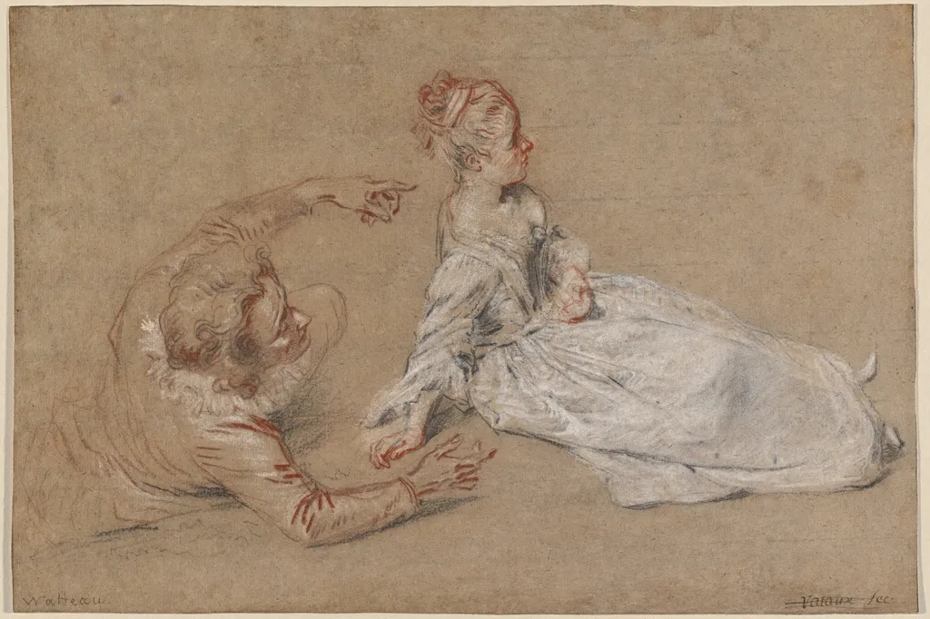 A Man Reclining and a Woman Seated on the Ground, by Jean Antoine Watteau, chalk, 1716