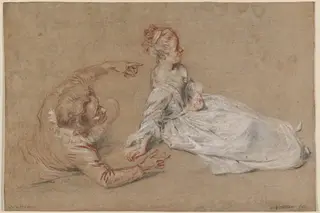 A Man Reclining and a Woman Seated on the Ground, by Jean Antoine Watteau, chalk, 1716
