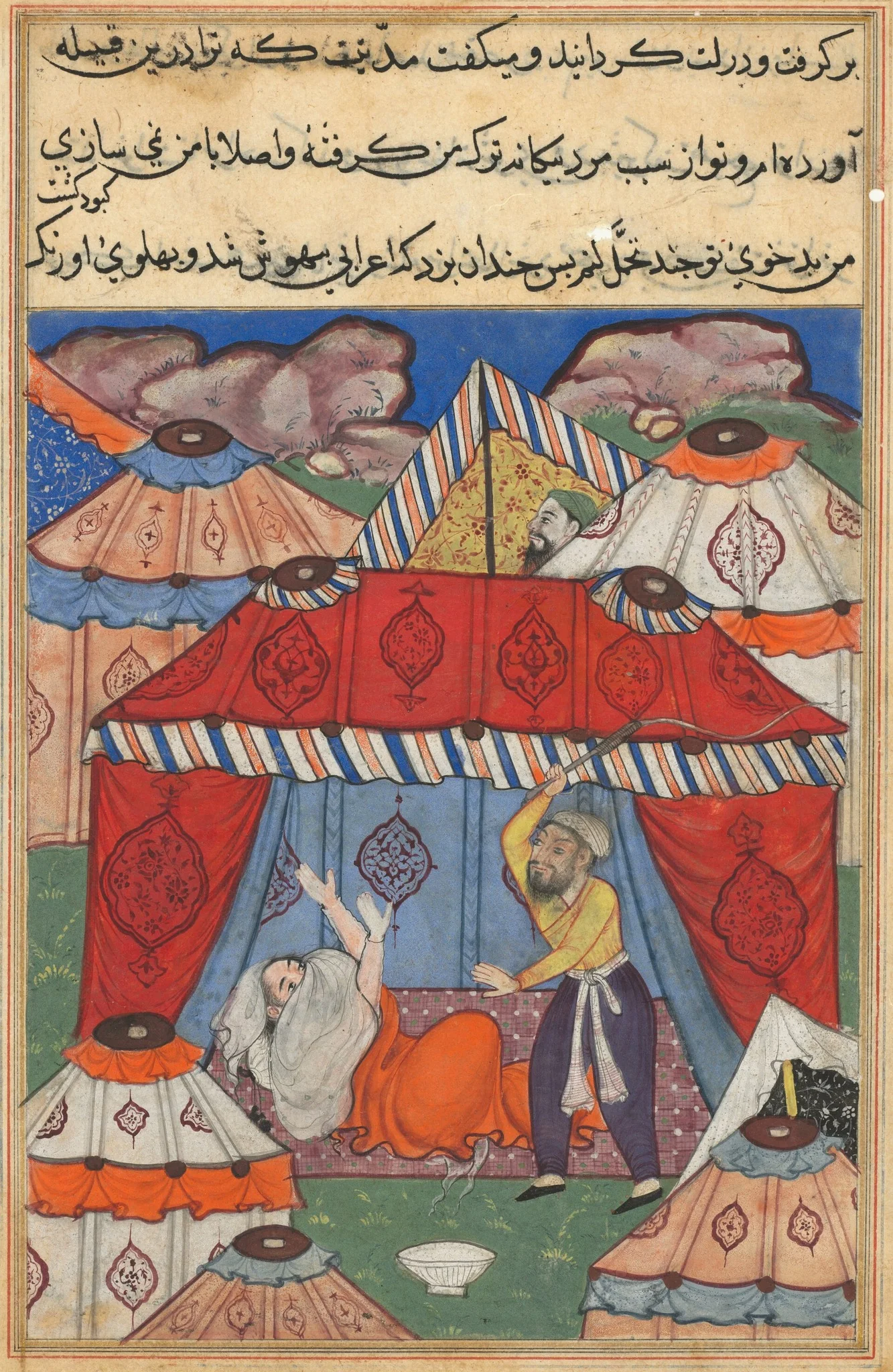 The disguised Arab, substituting for Habbaza, is whipped by her husband for refusing a bowl of milk, from a Tuti-nama (Tales of a Parrot): Twenty-fourth Night, detail