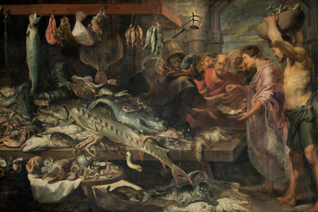 Fish market (Tribute Money?), by Frans Snyders, oil, 1621