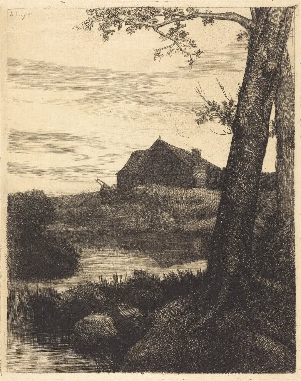 Farm with Large Tree (La ferme au grand arbre), by Alphonse Legros, ink, 1874