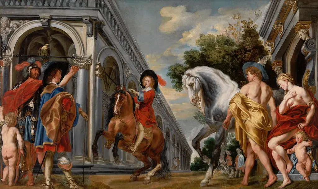 A levade executed under the watchful eye of Mercury, Venus and a riding master, by Jacob Jordaens, oil, 1645