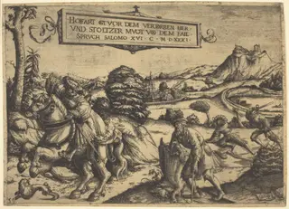 Allegory of "Pride Goeth Before Destruction...": A Gentleman and a Lady on Horseback, by Christoph Bockstorfer, ink, 1531