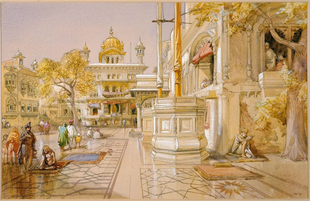 Akal Boonga at the Golden temple. Umritsar. Punjaub, by William Simpson, paint, 1864