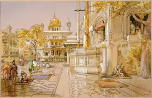 Akal Boonga at the Golden temple. Umritsar. Punjaub, by William Simpson, paint, 1864