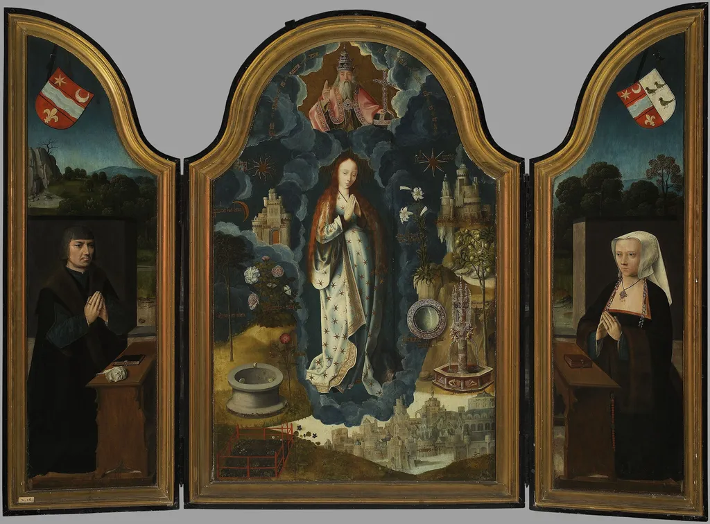 Triptych of Immaculate Conception, central section: Allegory of Immaculate Conception of Virgin Mary; left wing: Portrait of the founder, Mathias Laurin, Lord de Watervliet; right wing: Portrait of th, by Adriaen Isenbrandt, tempera, 1530