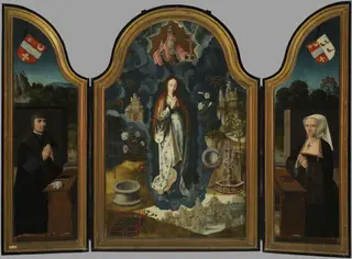 Triptych of Immaculate Conception, central section: Allegory of Immaculate Conception of Virgin Mary; left wing: Portrait of the founder, Mathias Laurin, Lord de Watervliet; right wing: Portrait of th, by Adriaen Isenbrandt, tempera, 1530