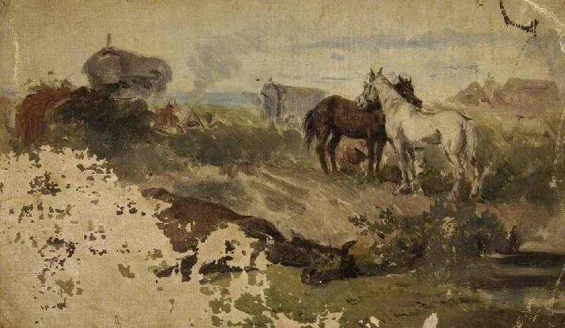 Horses in a field with gypsies and a caravan, detail