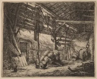 Interior of a Barn with a Peasant Woman at Work, by Adriaen van Ostade, ink, 1647