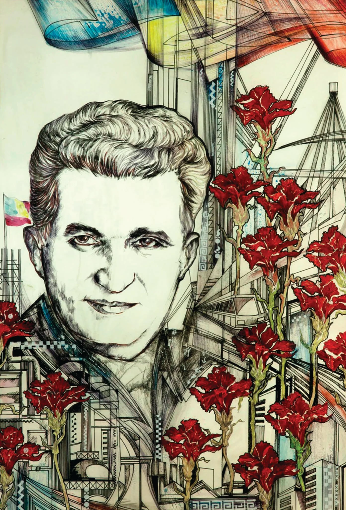 Grafică „Epoca Nicolae Ceaușescu”, tablou atribuit lui Lucian Cociuba. Tabloul îl prezintă pe Nicolae Ceaușescu alături de marile reralizări ale Epocii Socialiste; realizări ornate cu garoafe roșii și tricolor. Comandat de Comitetul Județean de Partid Arad (1988)., detail