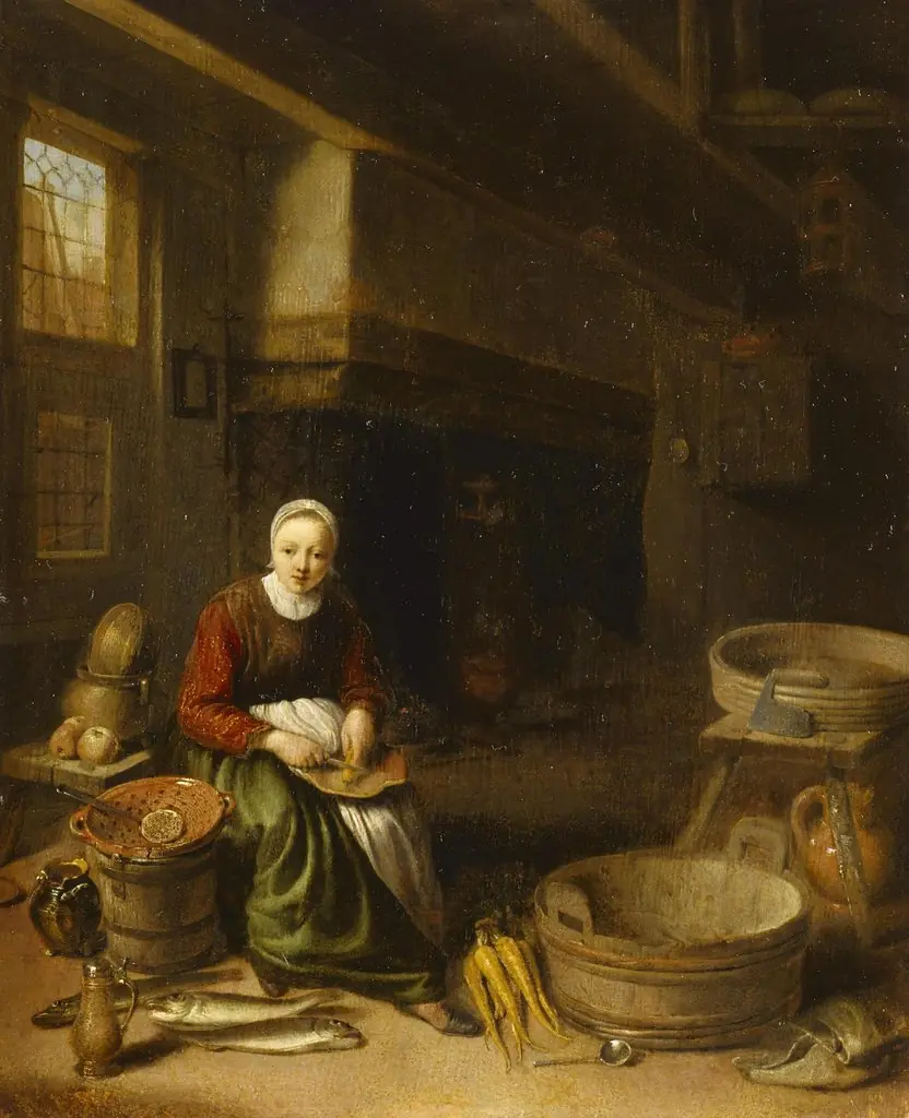 Kitchen Scene, by Pieter Cornelisz. van Slingelandt, oil, 1648