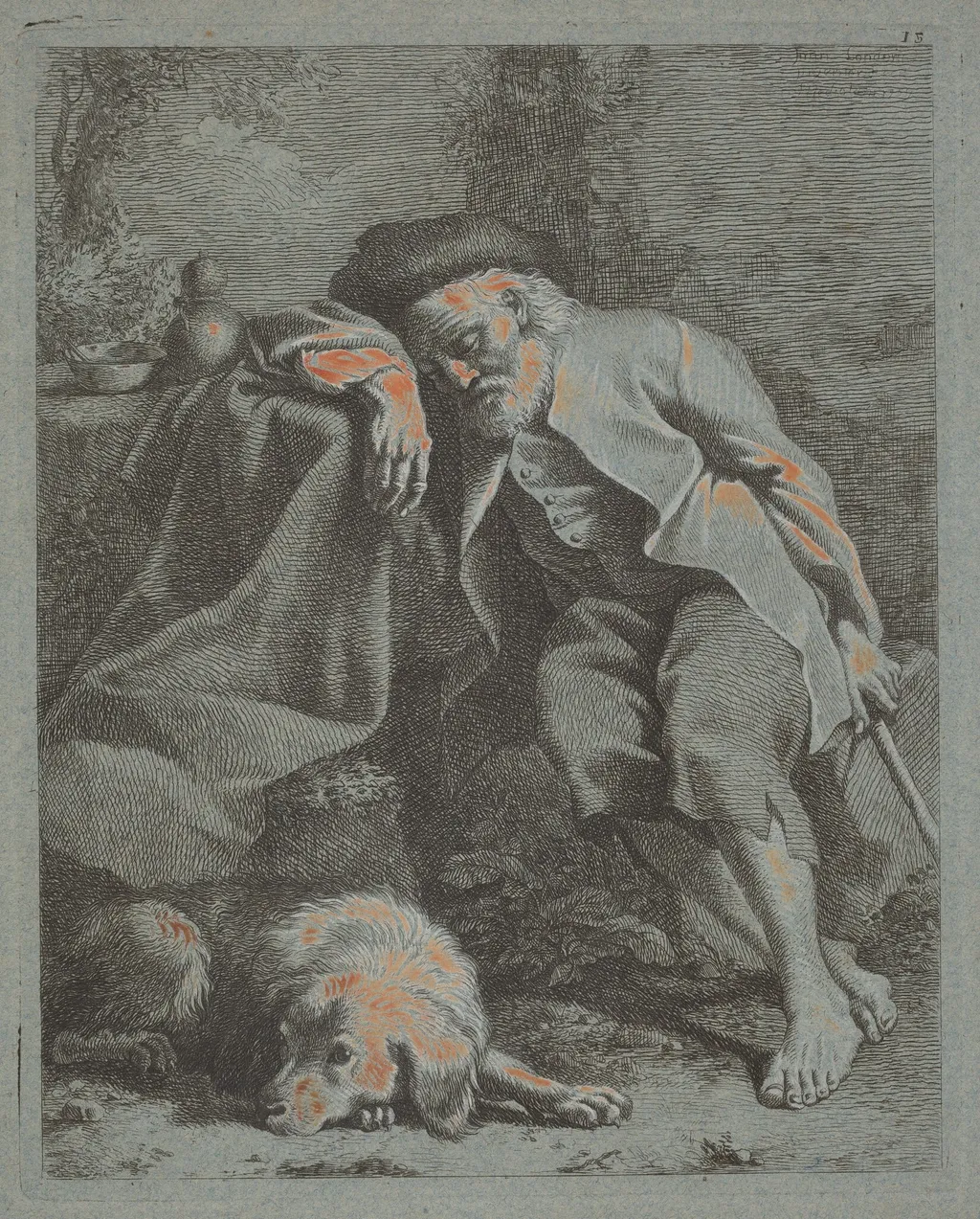 Sleeping Old Man with Dog, by Francesco Londonio, gouache, 1759