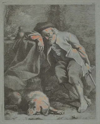 Sleeping Old Man with Dog, by Francesco Londonio, gouache, 1759