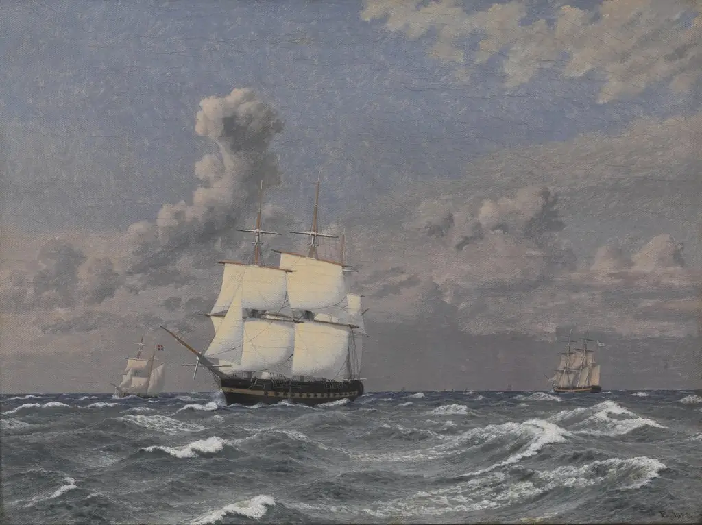 A Frigate and some other Ships Cruising, by Christoffer Wilhelm Eckersberg, oil, 1845