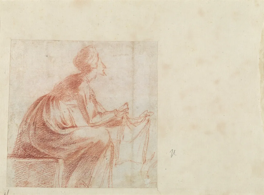 Woman Seated with a Piece of Cloth [verso], by Polidoro da Caravaggio, chalk, 1522