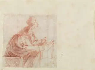 Woman Seated with a Piece of Cloth [verso], by Polidoro da Caravaggio, chalk, 1522