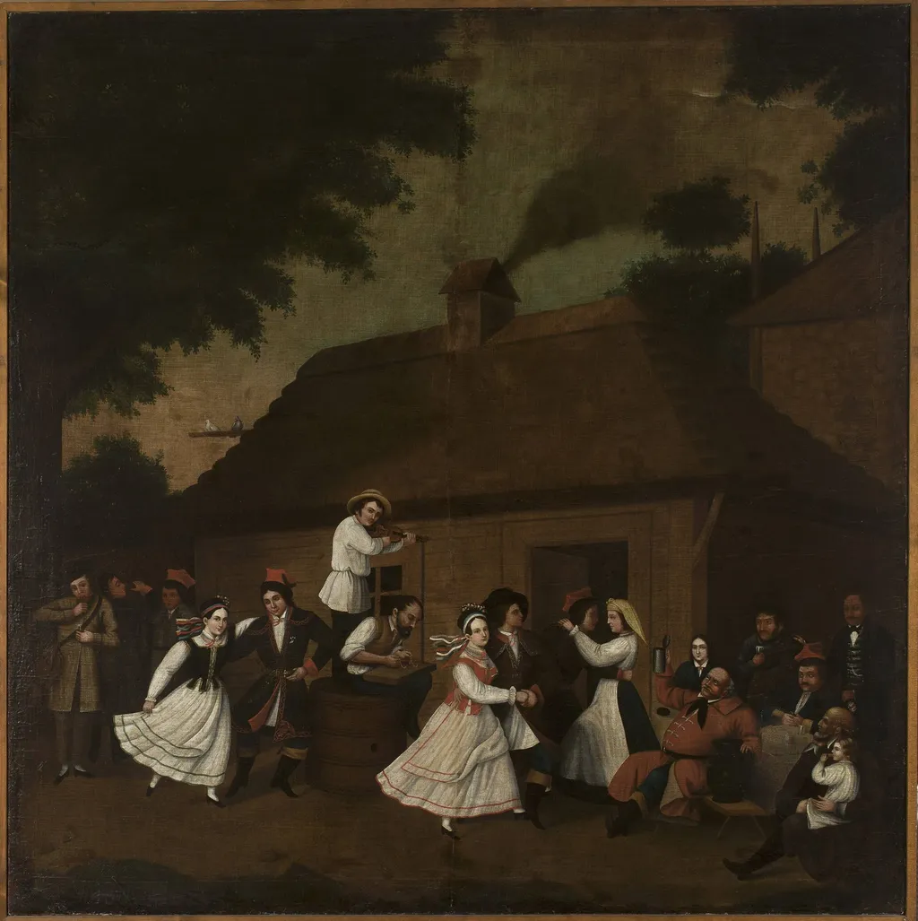 Dancing in front of the village inn, by Michał Stachowicz, oil, 1806