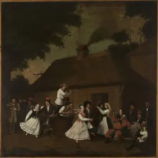 Dancing in front of the village inn, by Michał Stachowicz, oil, 1806