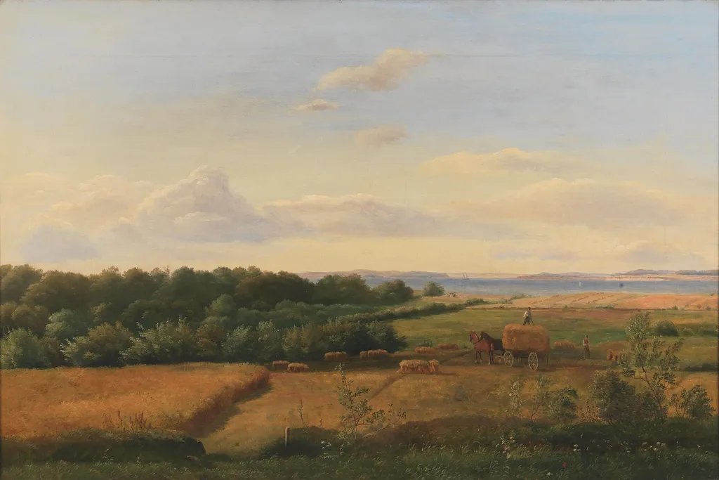 A Funen Landscape at Harvest Time with Wedellsborghoved in the Background, by Dankvart Dreyer, oil, 1846
