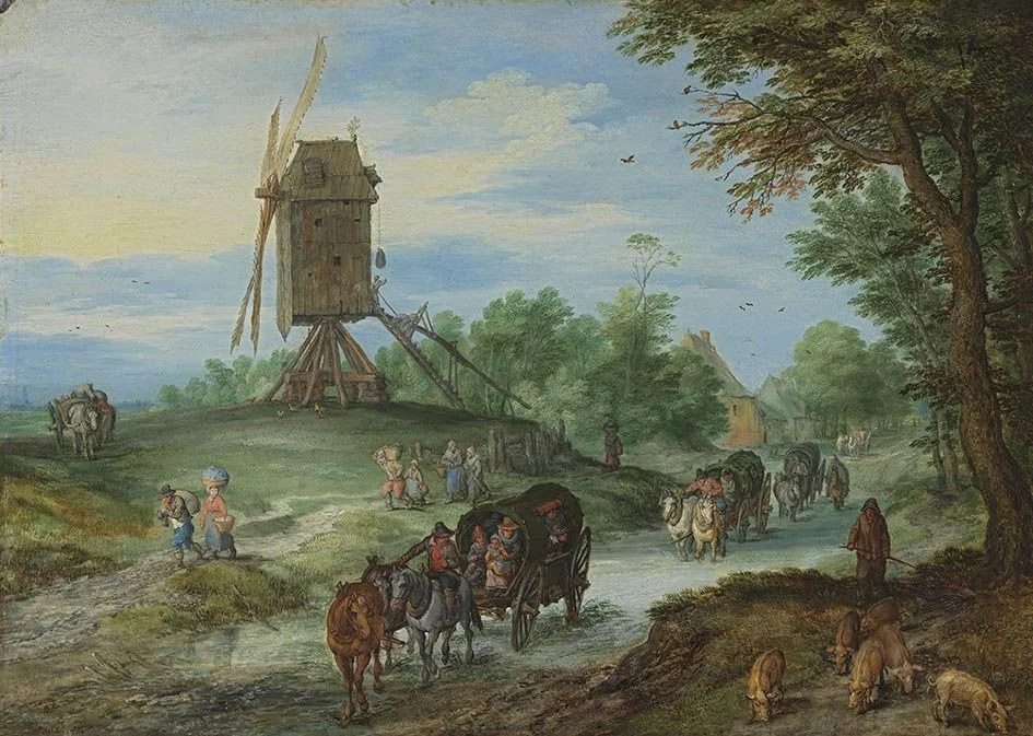 Travelers on Flooded Road Near a Windmill, detail