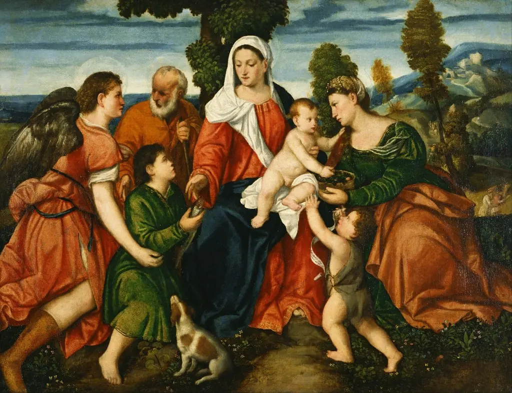 The Holy Family with Tobias and the Angel, Saint Dorothy, Giovannino, and the Miracle of the Corn beyond, by Bonifazio Veronese, oil, 1500