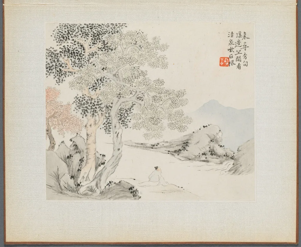 Album of Landscape Paintings Illustrating Old Poems:  Three Big Trees, a Stream with an Old Man Sitting on the Bank, by Hua Yan, unspecified, 1745