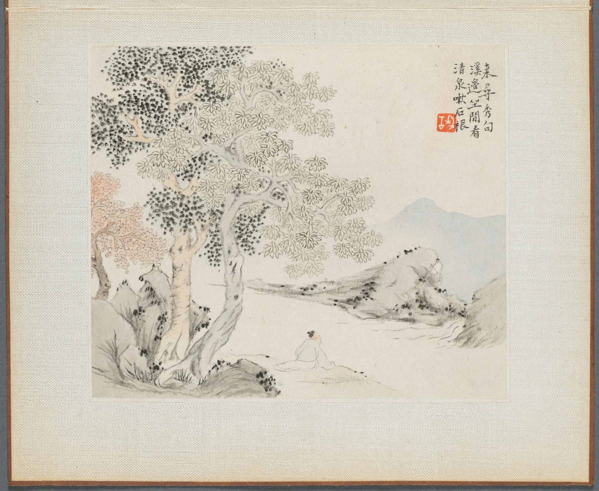 Album of Landscape Paintings Illustrating Old Poems: Three Big Trees, a Stream with an Old Man Sitting on the Bank, detail