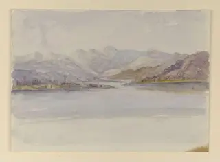 View across a lake to the Langdale Pikes, by Beatrix Potter, watercolor, 1909