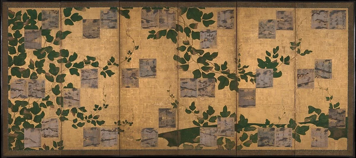 伝近衛信尋書・伝長谷川宗也絵 葛下絵色紙貼付 『和漢朗詠集』 屏風|Anthology of Japanese and Chinese Poems (Wakan rōeishū) with Underpainting of Arrowroot Vines, detail