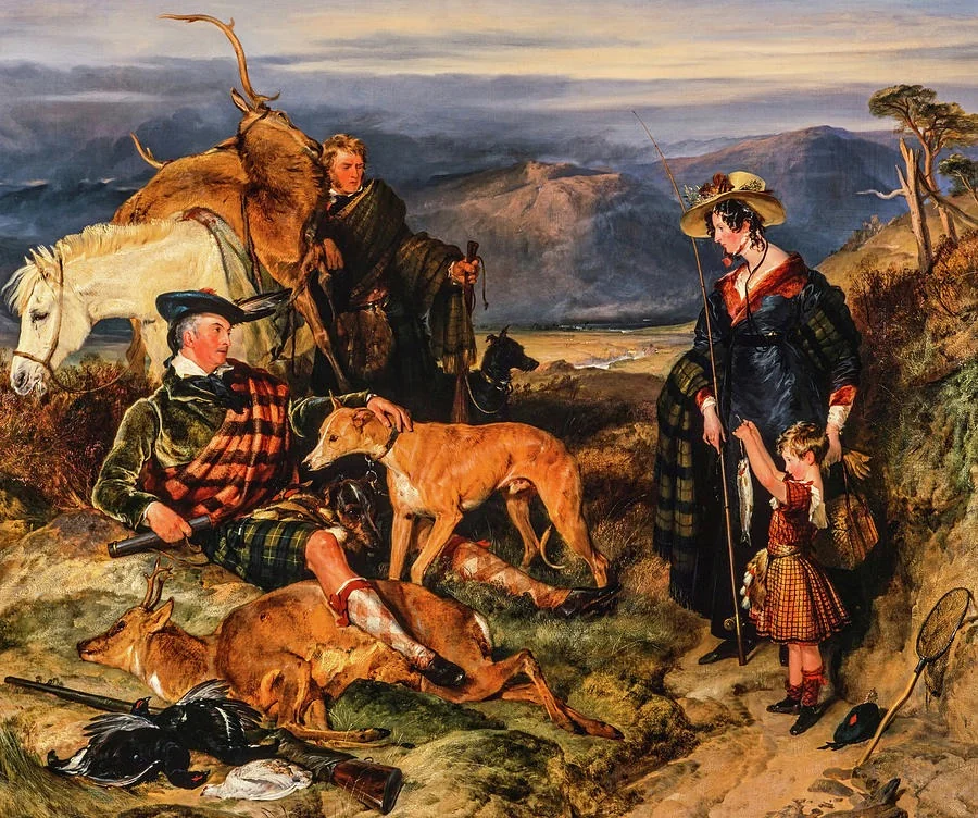 Scene in the Highlands, with portraits of the Duchess of Bedford, the Duke of Gordon and Lord Alexander Russell, detail