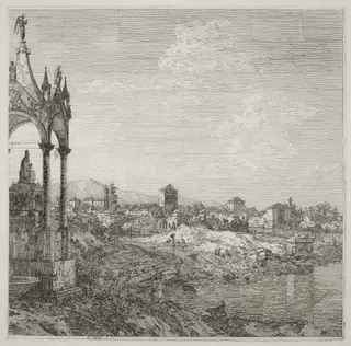 View of a Town with a Bishop's Tomb, by Canaletto, ink, 1740