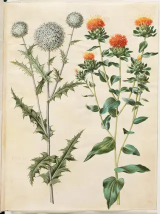 Echinops sphaerocephalus (almindelig tidselkugle); Carthamus tinctorius (gul saflortidsel), 1654