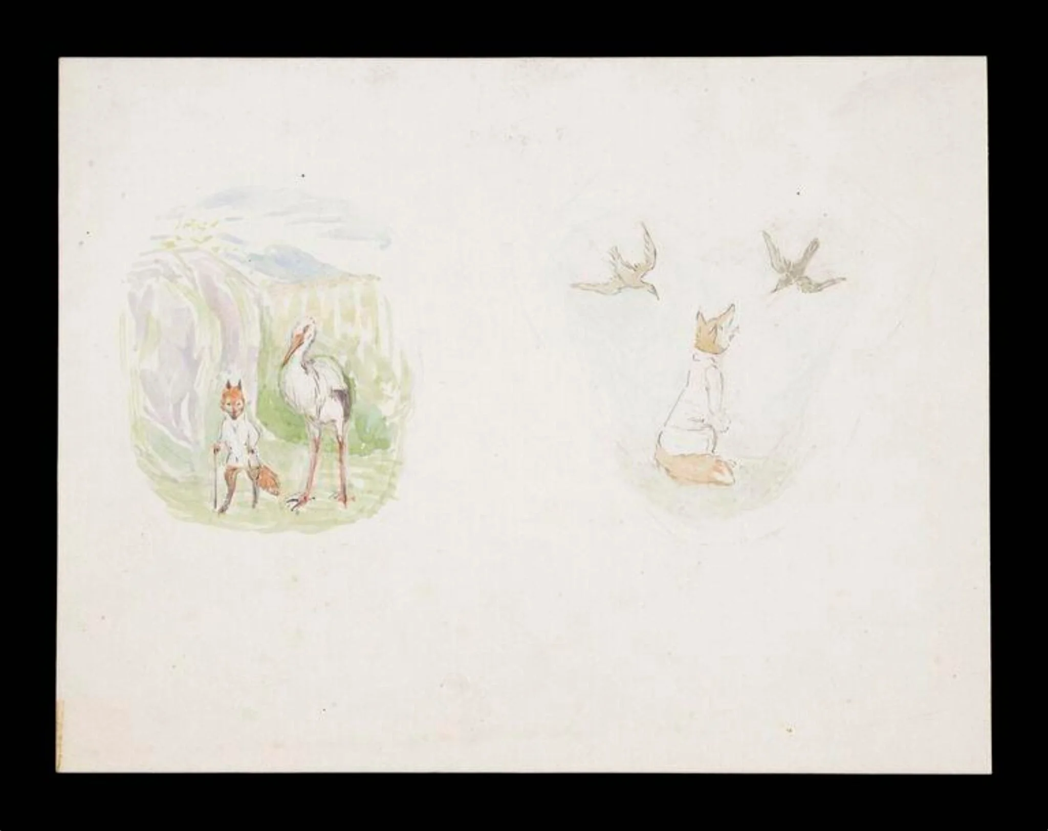 A fox in a glade with a stork; a fox looking up at two birds, detail