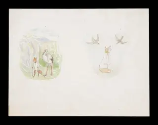 A fox in a glade with a stork; a fox looking up at two birds, by Beatrix Potter, watercolor, 1919