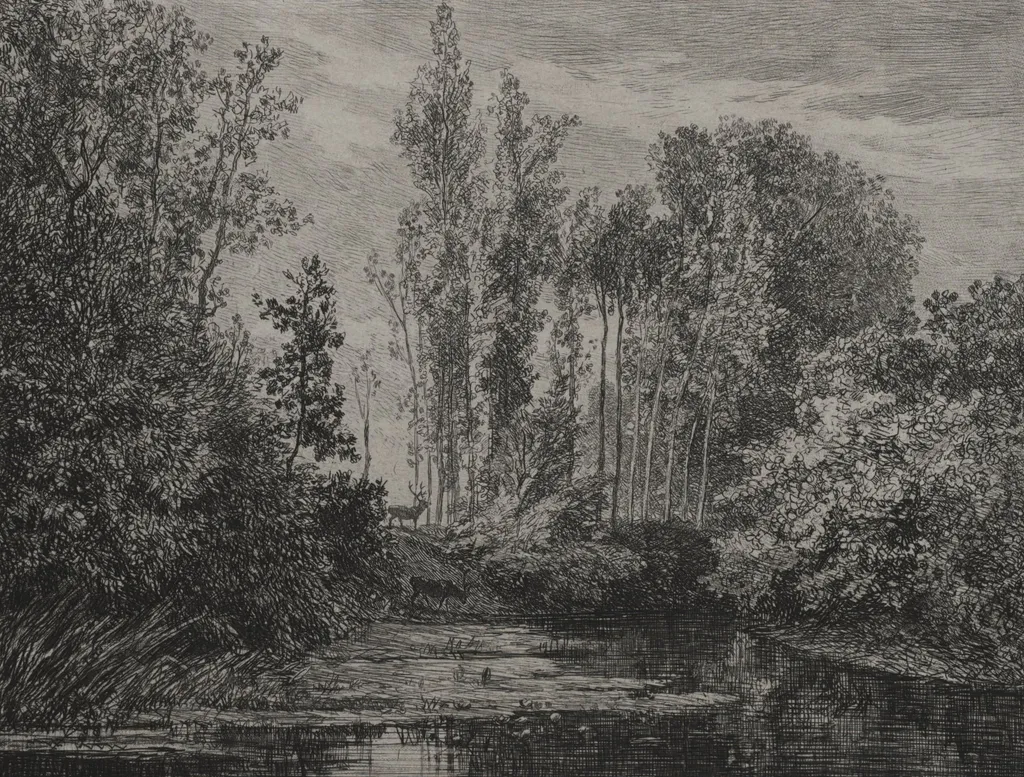 Stags at the water's edge, by Charles François Daubigny, 1850